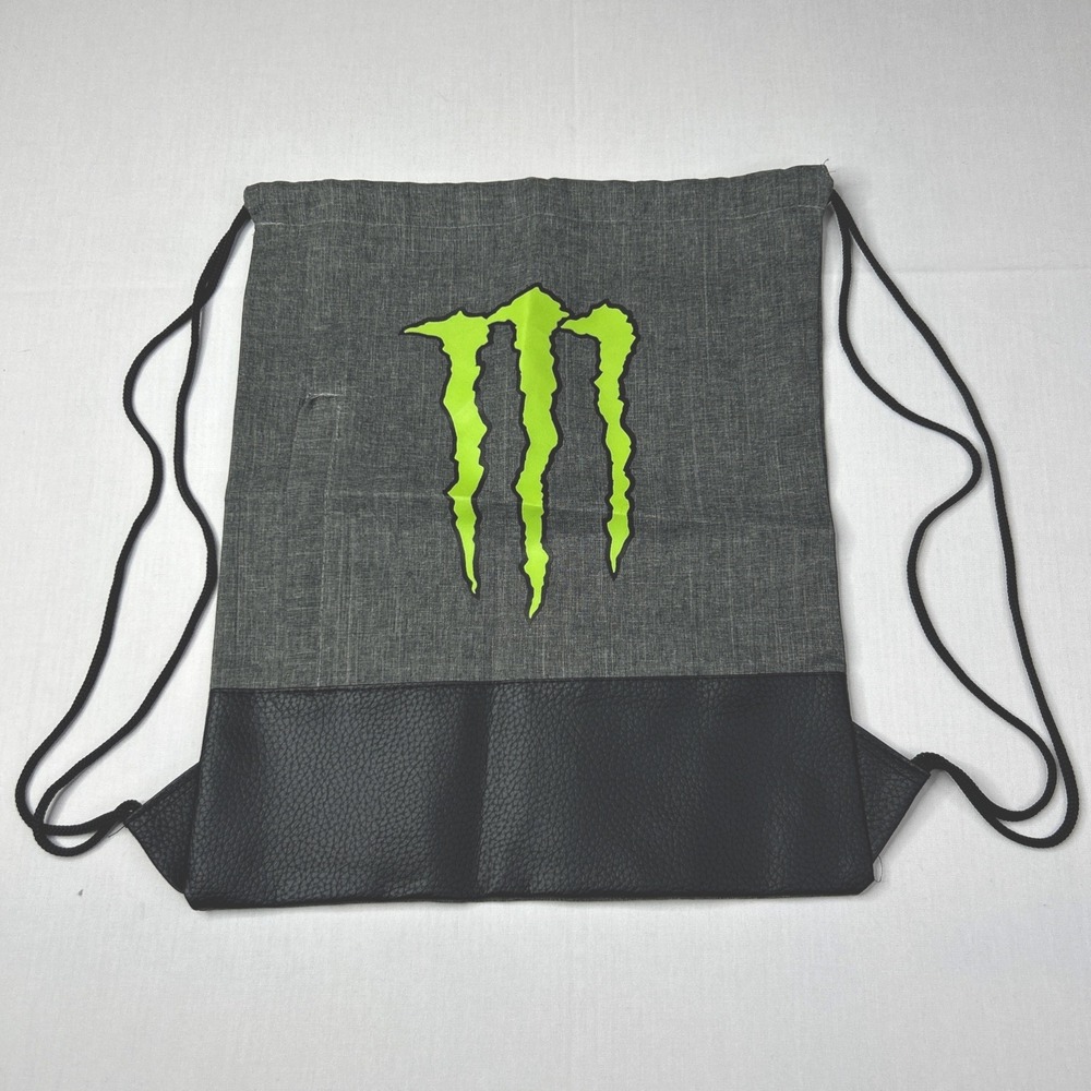 Monster Energy Drawstring Cinch Backpack Gray Front Zipper Pocket Green Logo
